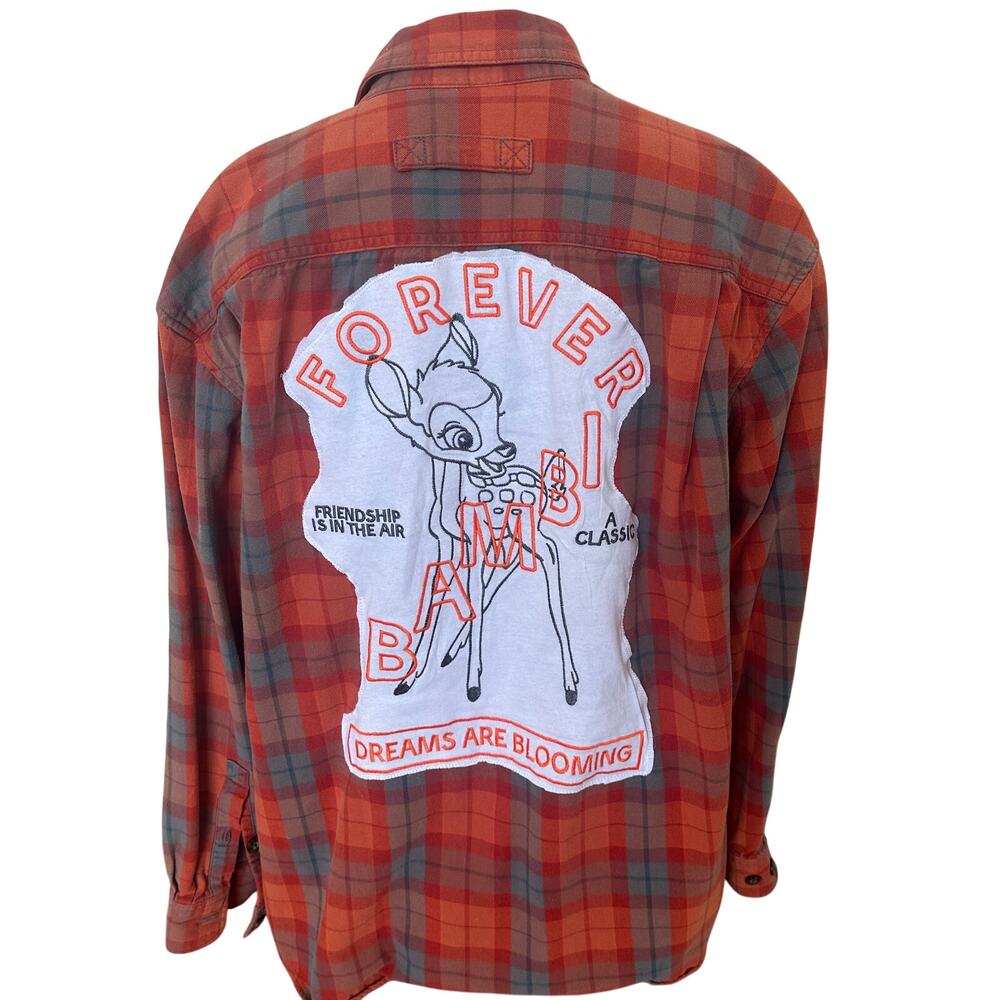 Bambi Flannel Plaid Shirt Shacket XL Oversized Unique Upcycled Disney Camping